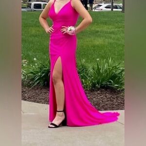 Hot Pink V-Neck Evening Gown with High Slit